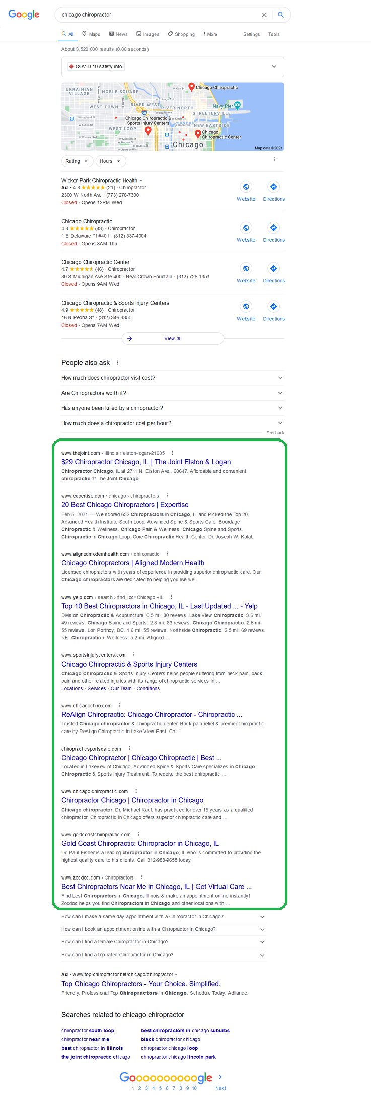 google organic search listing results